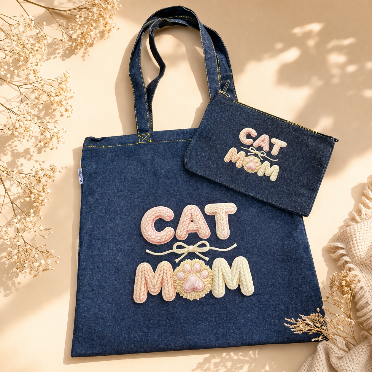 Set Cat Mom Shopper e Pochette Denim Personalizzata – Idea Regalo Amante Gatti