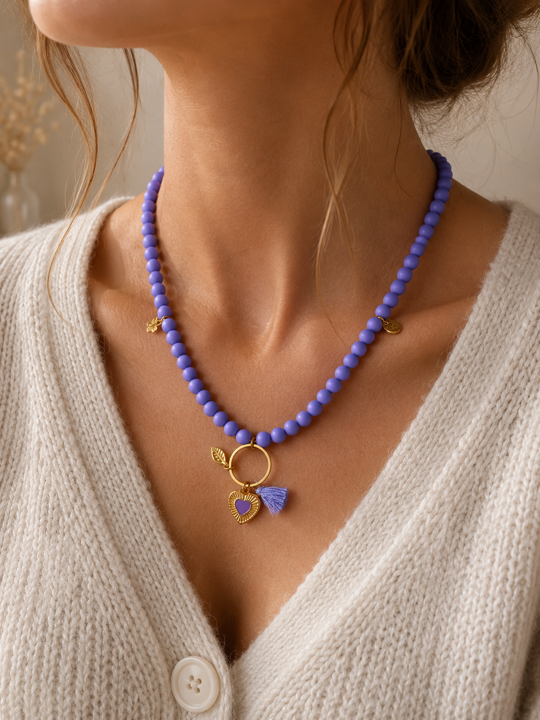 Collana Lilla con Cuore Gold e Nappina Handmade