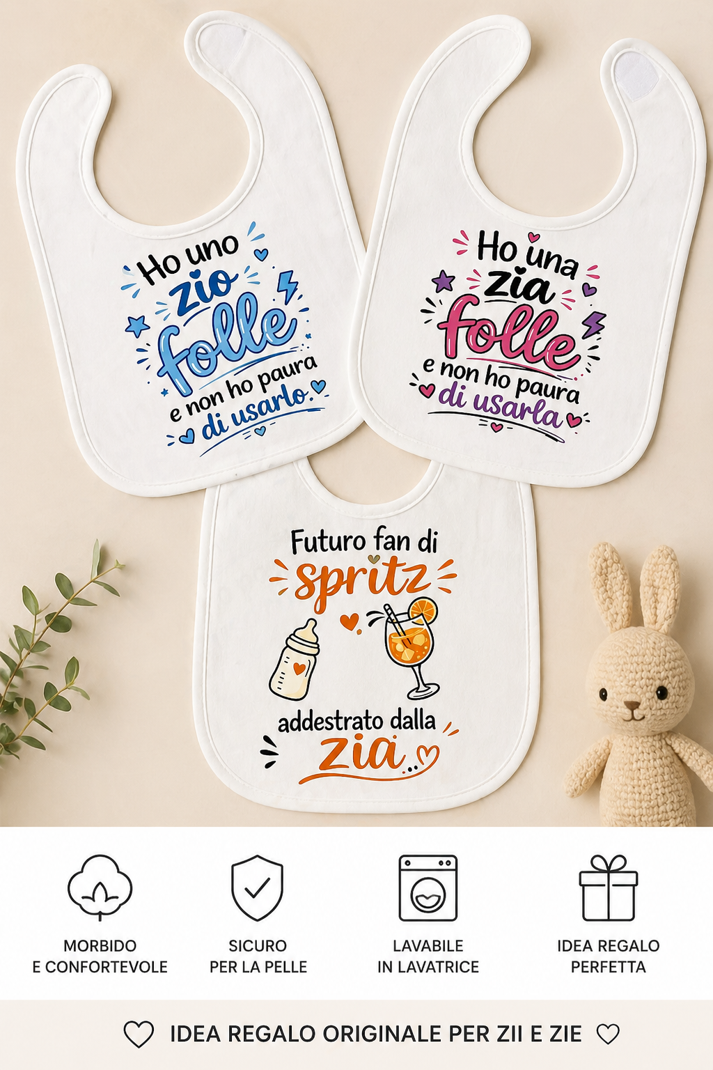 Bavaglino neonato personalizzato divertente – “Zia folle / Zio folle / Spritz” | Idea regalo nascita