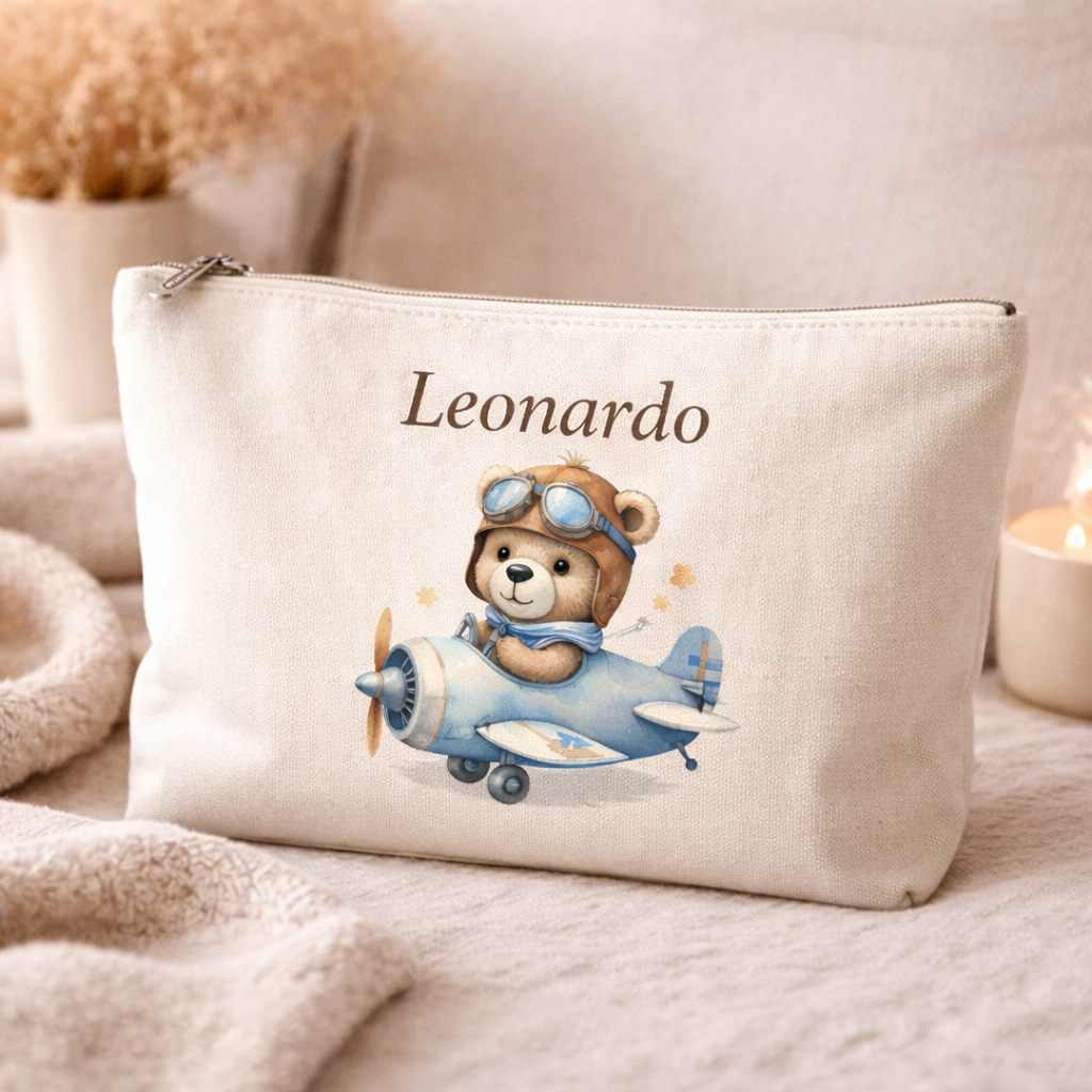 Pochette bambino personalizzata con nome – Beauty case baby illustrato – Idea regalo nascita