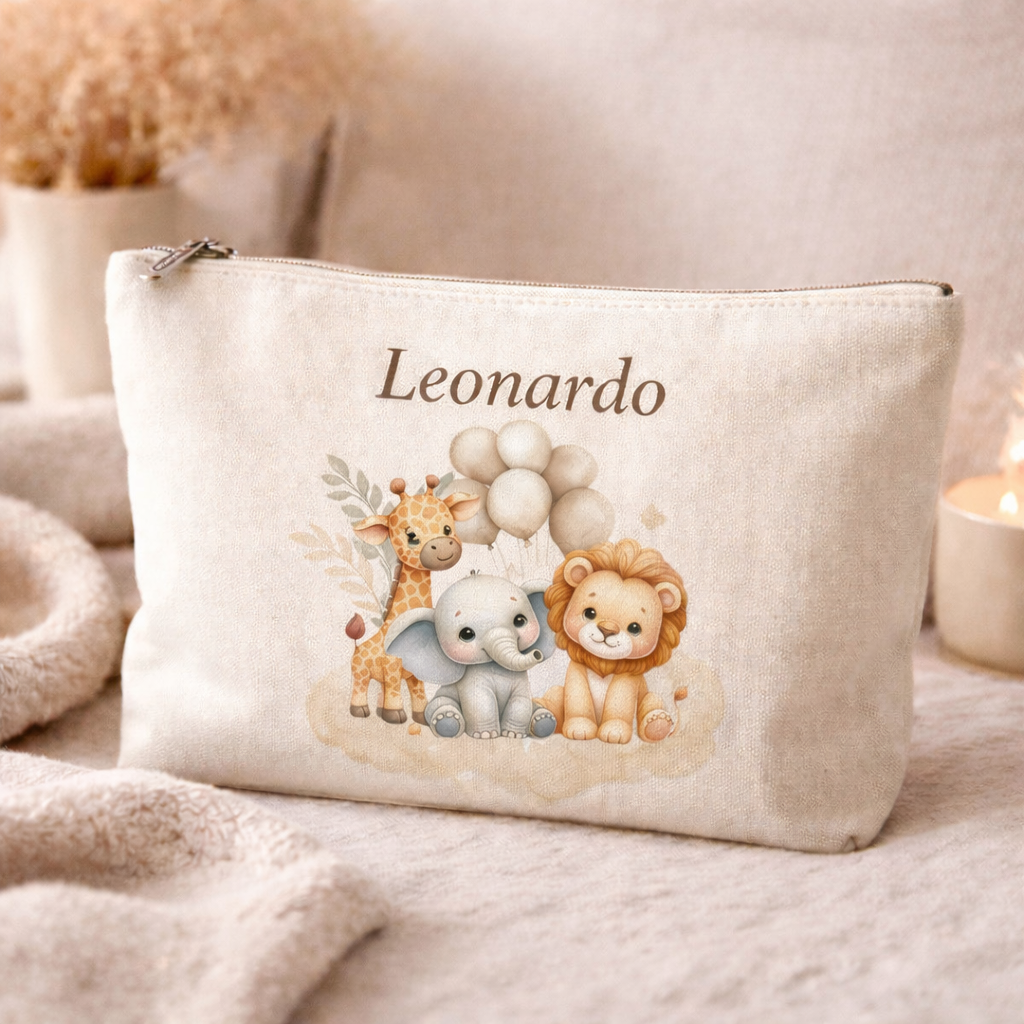 Pochette bambino personalizzata con nome – Beauty case baby illustrato – Idea regalo nascita