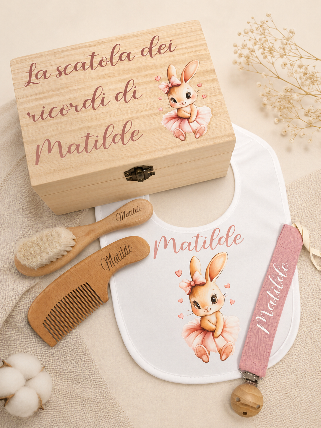 Set Nascita Personalizzato con Nome – Box Ricordi Neonato con Bavaglio, Spazzola e Portaciuccio