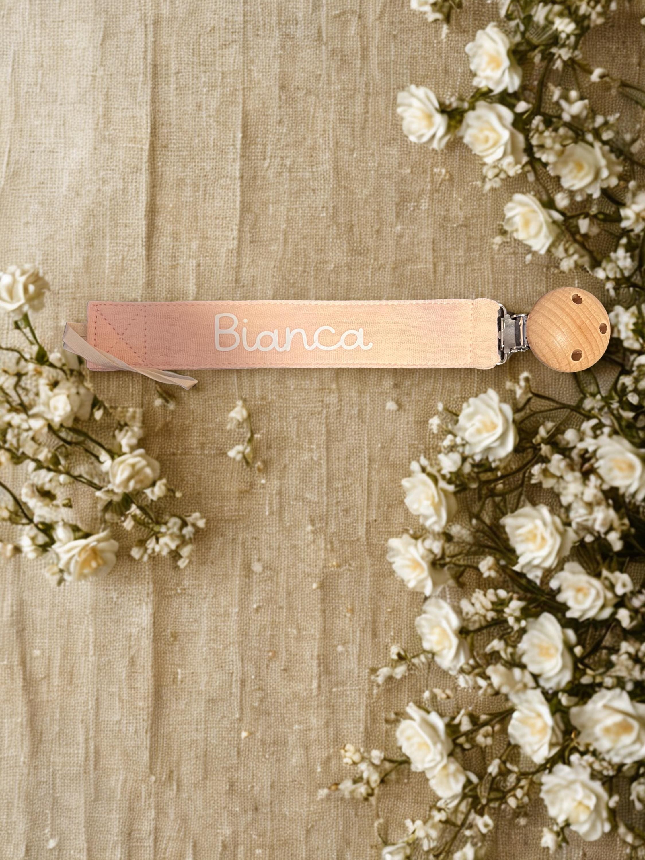 Portaciuccio personalizzato con nome – clip portaciuccio neonato in tessuto – idea regalo nascita artigianale