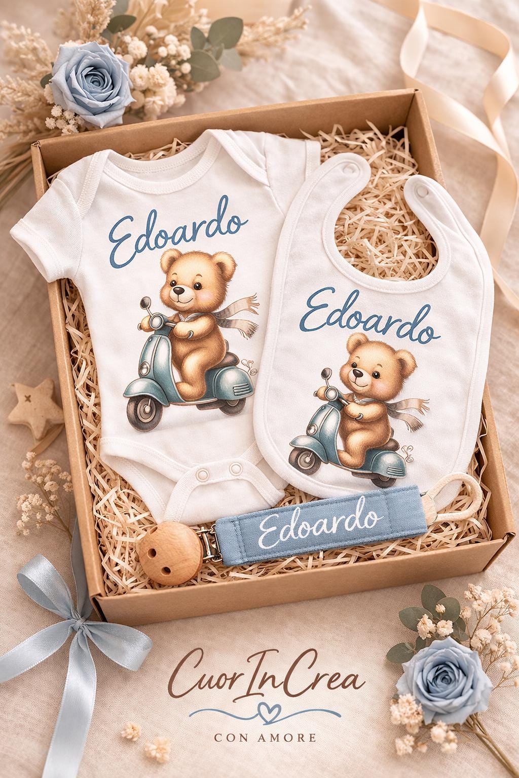 Set nascita personalizzato neonato – box regalo con body, bavaglino e portaciuccio