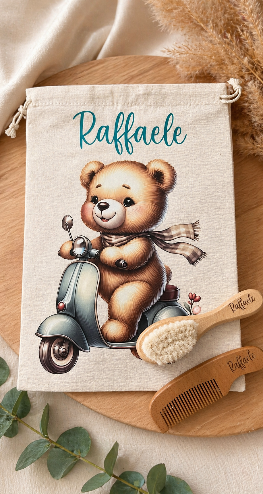 Set nascita personalizzato con nome – Pochette, spazzola e pettine in legno | Idea regalo neonato