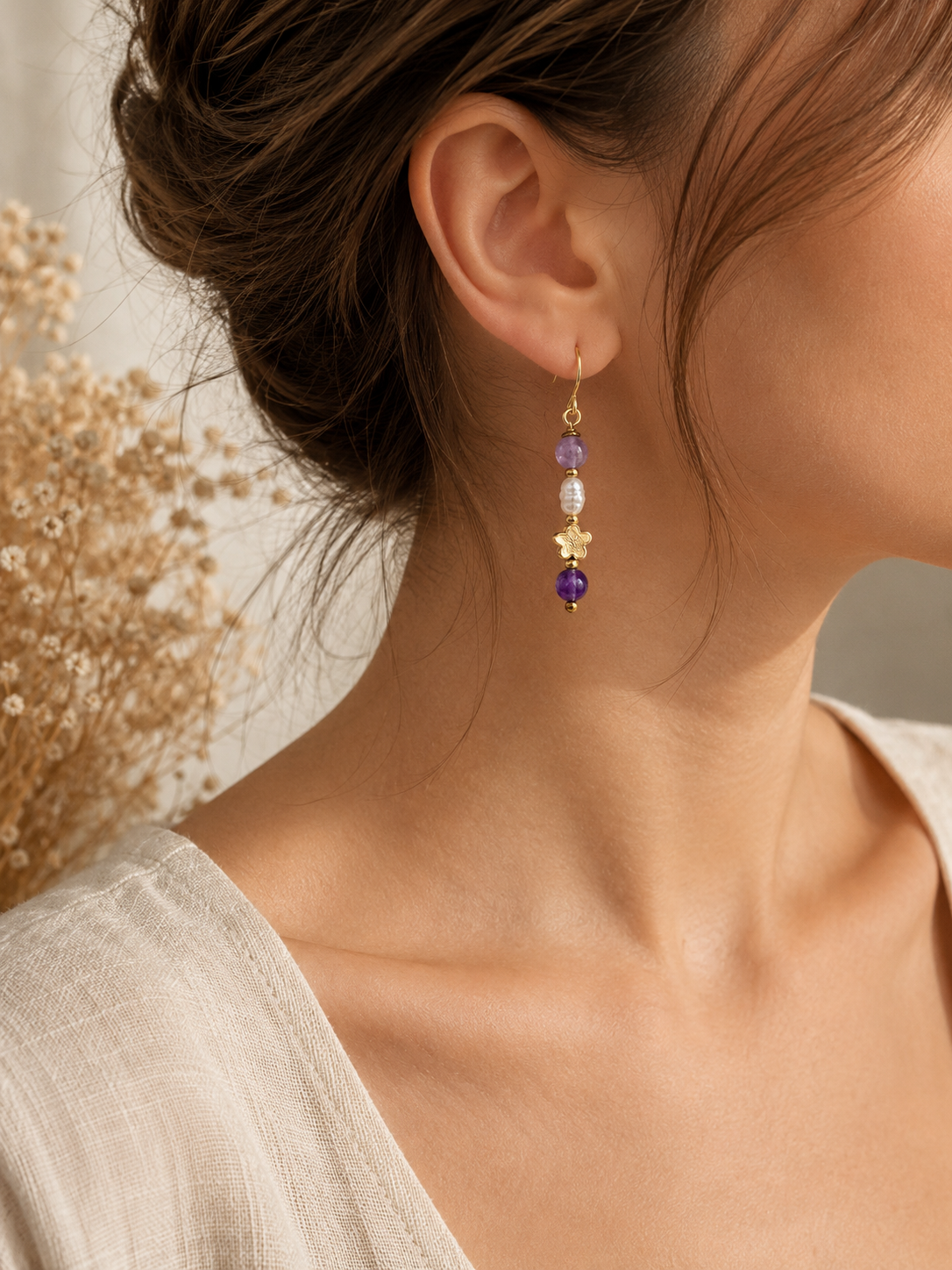 Orecchini Ametista e Perle con Fiore Gold Handmade