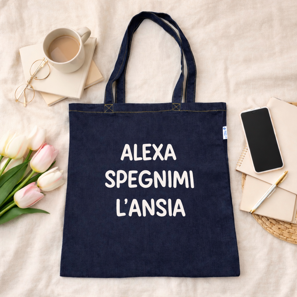 Tote Bag Ironica “Alexa Spegnimi l’Ansia” – Borsa Shopper in Denim con Scritta Divertente