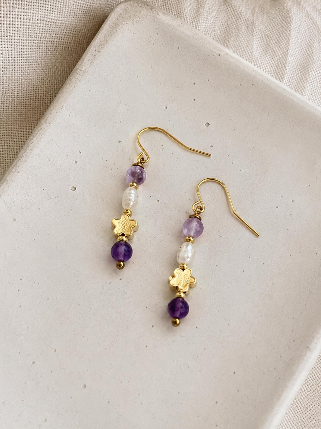 Orecchini Ametista e Perle con Fiore Gold Handmade