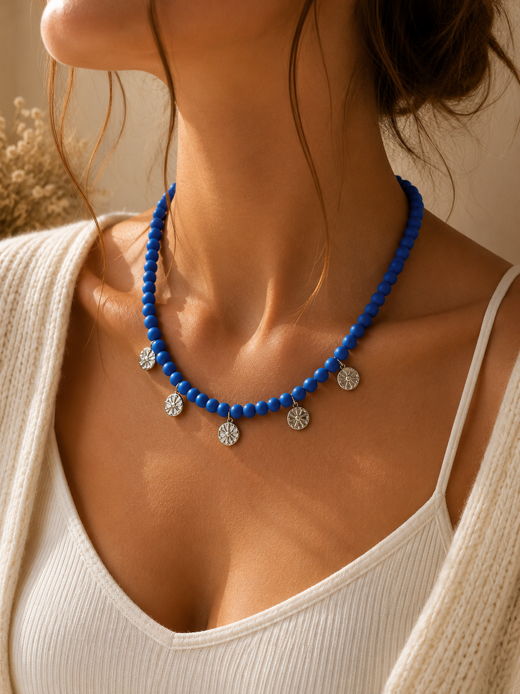 Collana Blu con Charms Sole in Acciaio Handmade