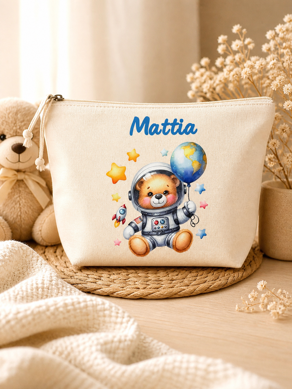 Pochette bambino personalizzata con nome – Beauty case baby illustrato – Idea regalo nascita