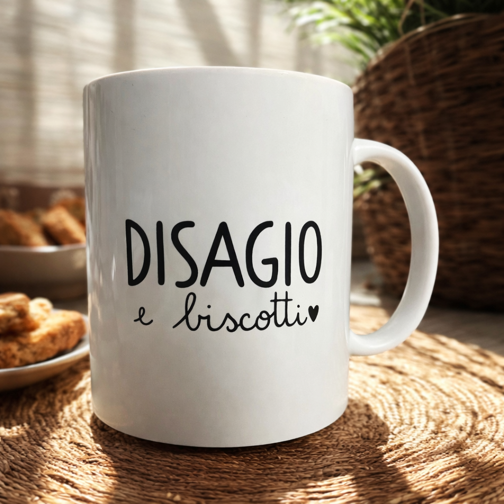 Tazza divertente “Disagio e biscotti” – Tazza ironica colazione, idea regalo simpatica