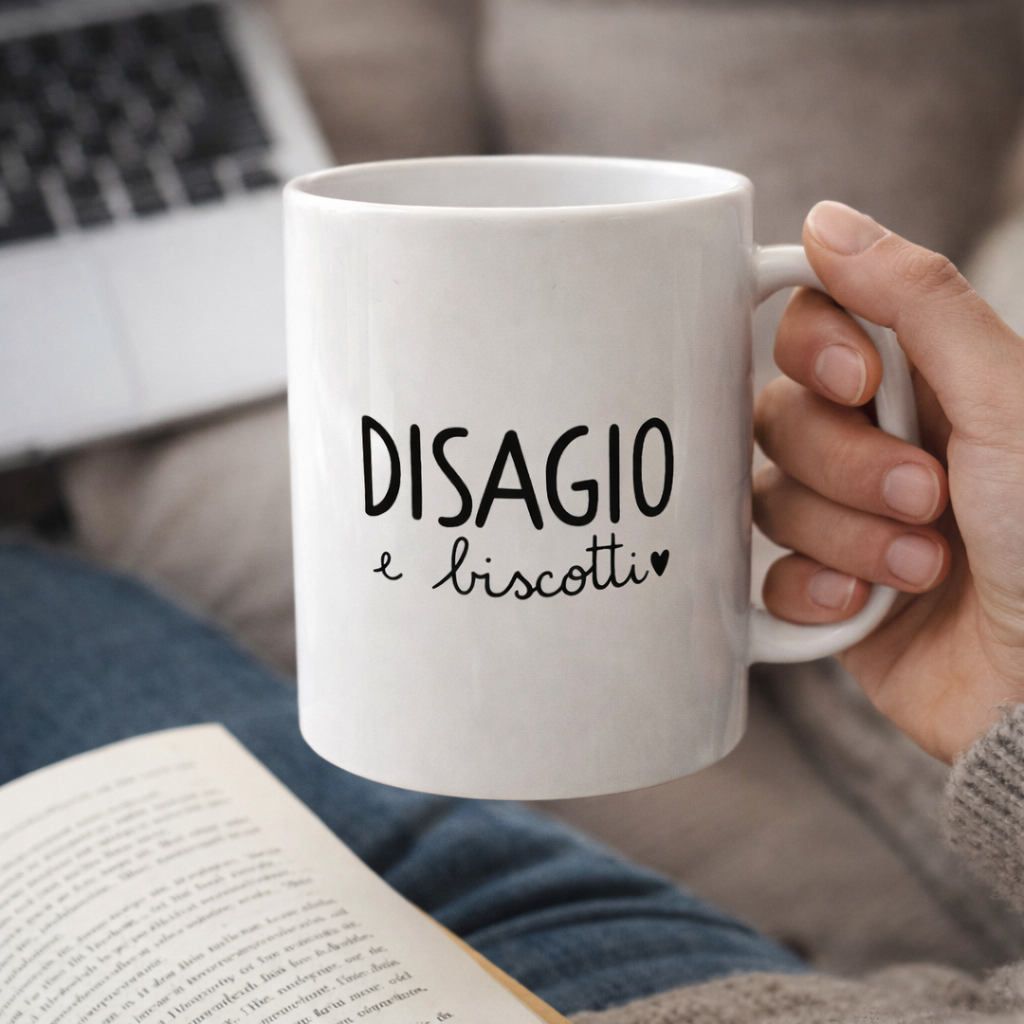 Tazza divertente “Disagio e biscotti” – Tazza ironica colazione, idea regalo simpatica