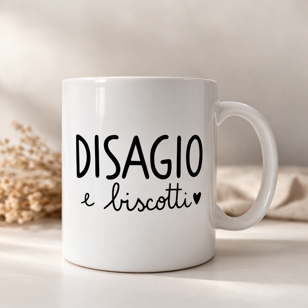Tazza divertente “Disagio e biscotti” – Tazza ironica colazione, idea regalo simpatica