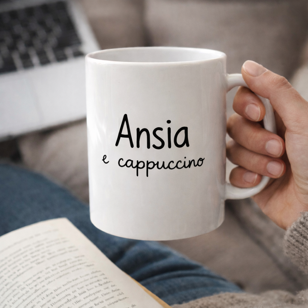 Tazza divertente Ansia e cappuccino – tazza ironica colazione idea regalo simpatica
