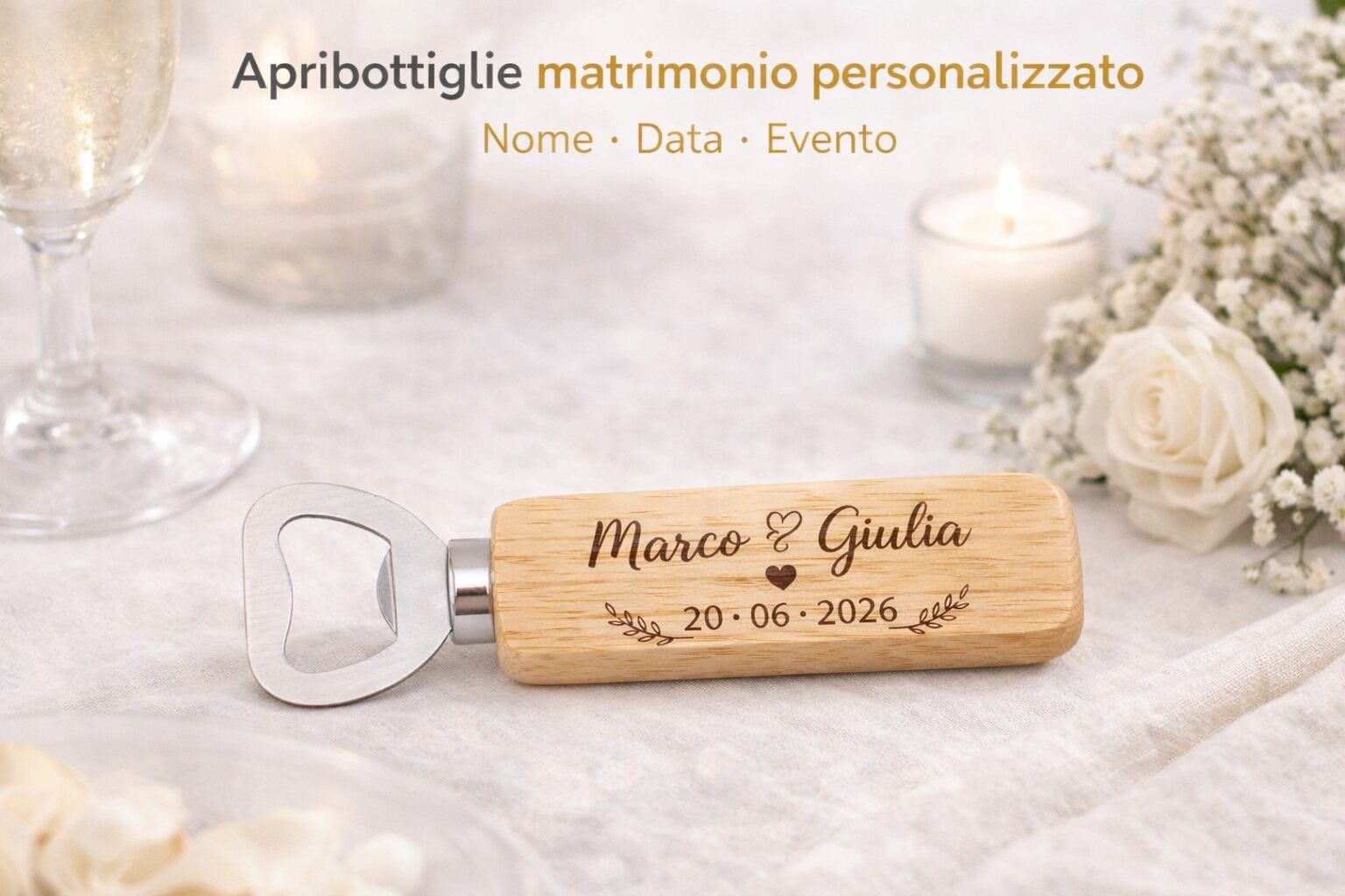Apribottiglie matrimonio personalizzato in legno – bomboniera matrimonio con nomi e data
