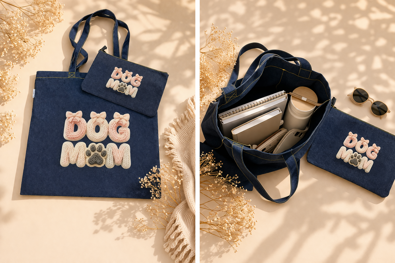 Set Dog Mom Shopper e Pochette Denim Personalizzata – Idea Regalo Amante Cani