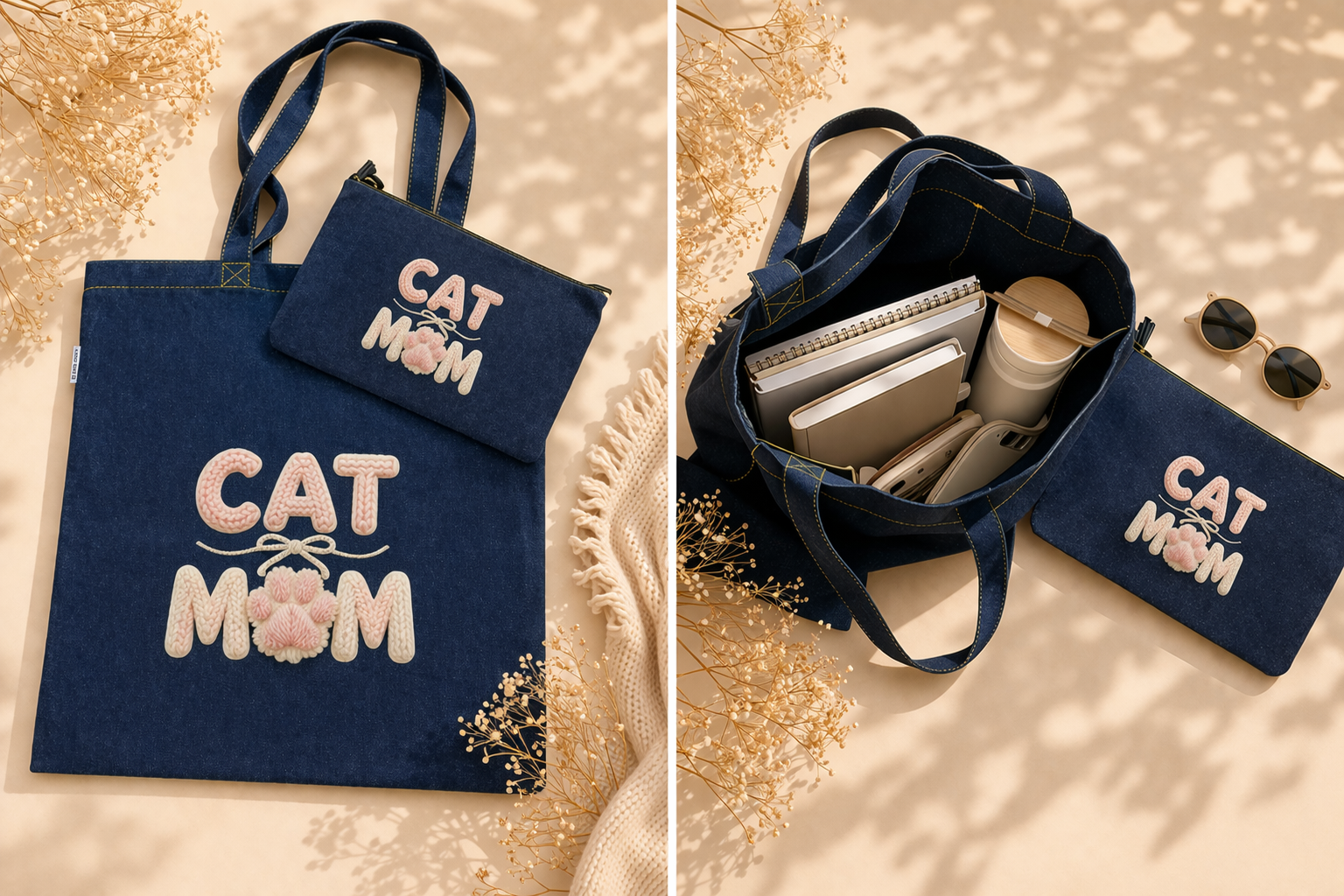 Set Cat Mom Shopper e Pochette Denim Personalizzata – Idea Regalo Amante Gatti