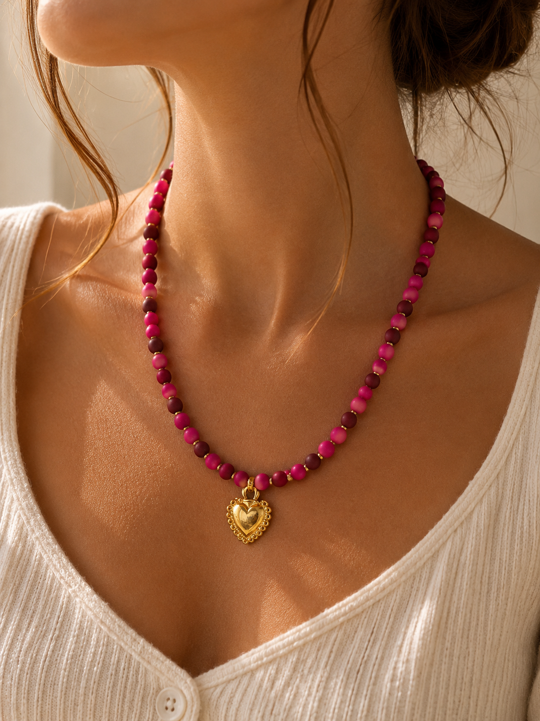 Collana Fucsia con Cuore Gold Handmade