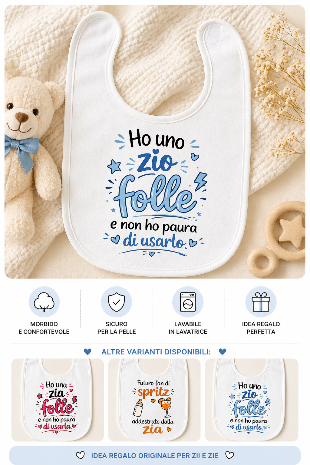 Bavaglino neonato personalizzato divertente – “Zia folle / Zio folle / Spritz” | Idea regalo nascita