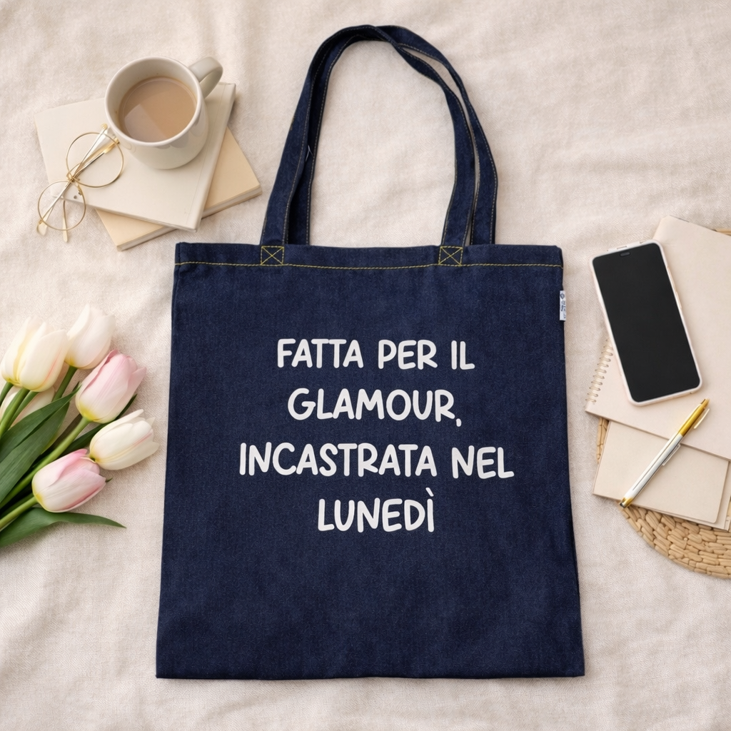 Tote Bag Ironica “Fatta per il Glamour, Incastrata nel Lunedì” – Borsa Shopper in Denim con Scritta Divertente
