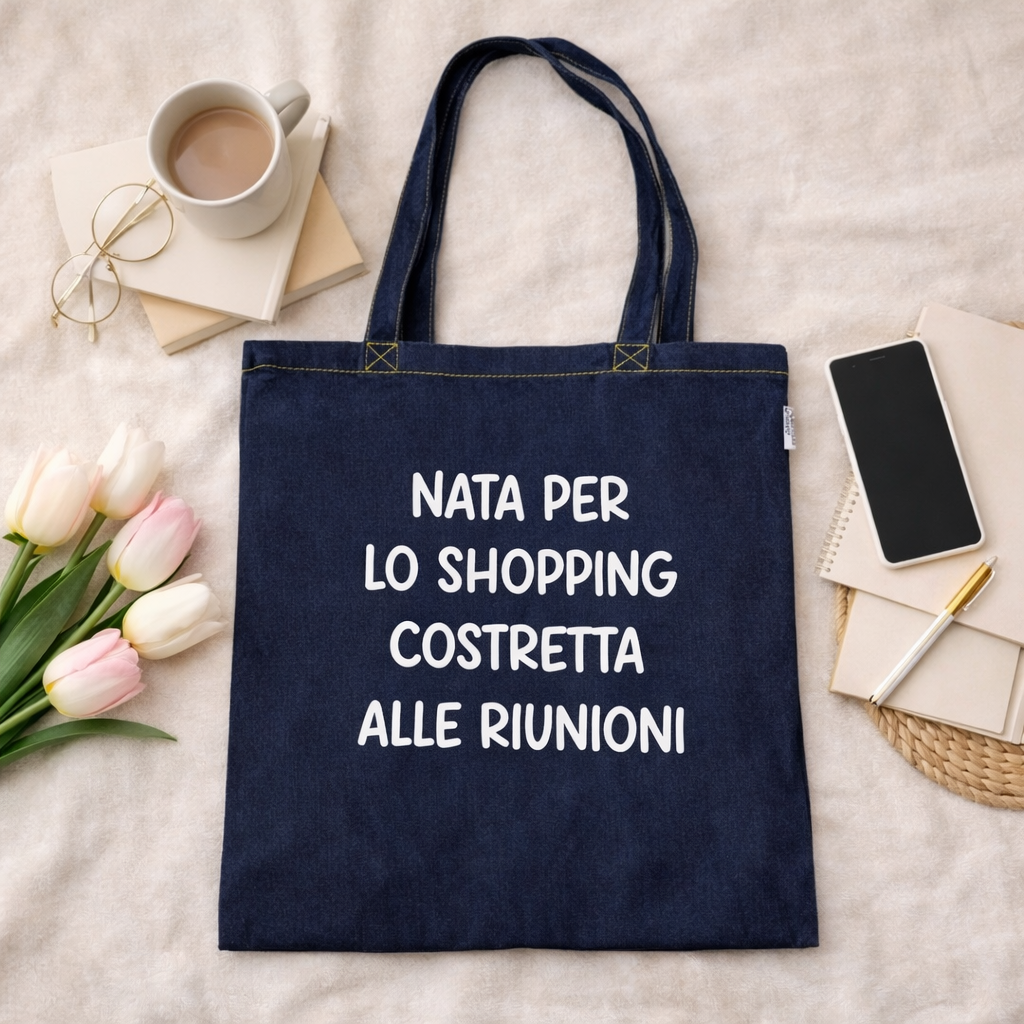 Tote Bag Ironica “Nata per lo Shopping, Costretta alle Riunioni” – Borsa Shopper in Denim con Scritta Divertente