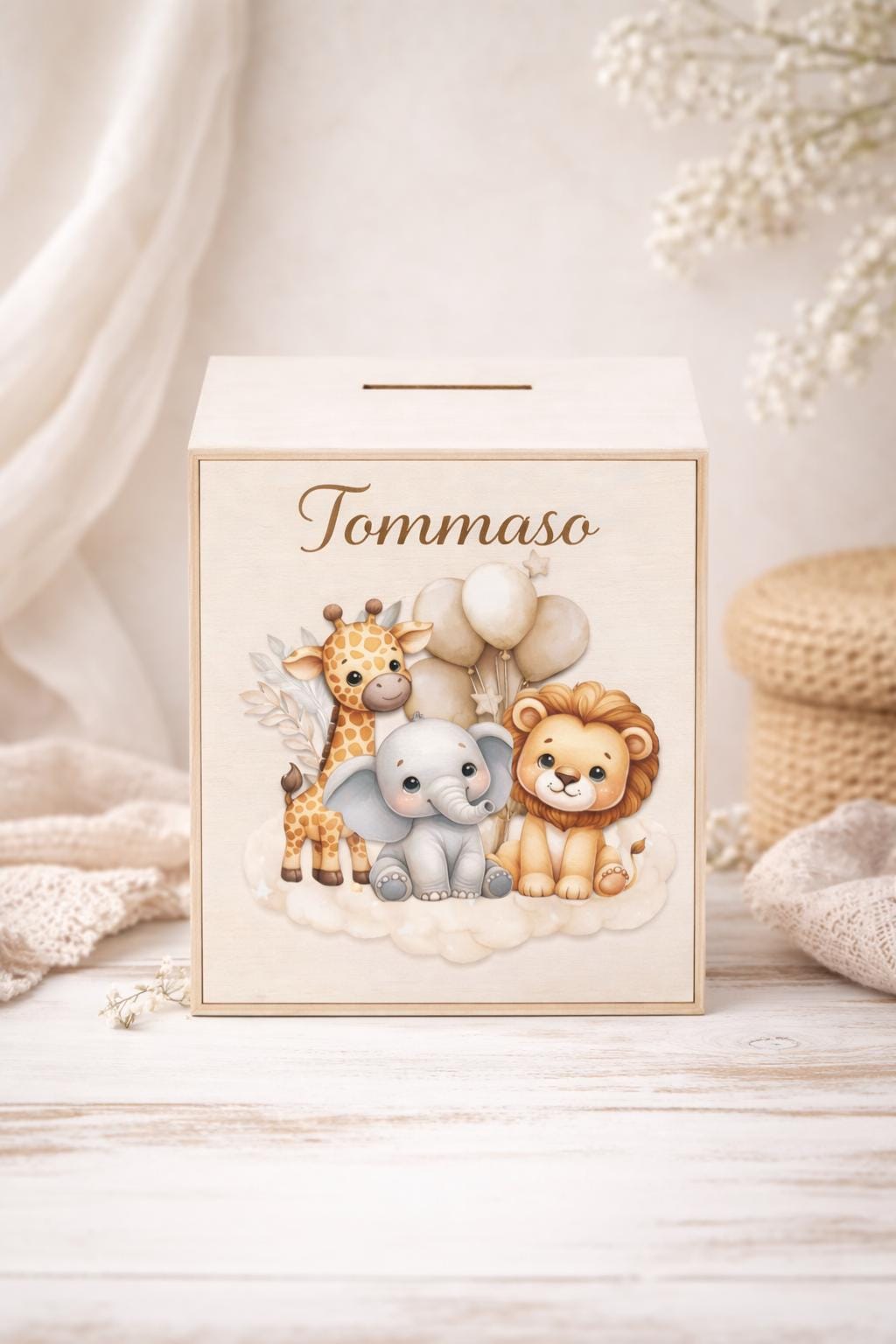 Salvadanaio Personalizzato in Legno con Nome – Idea Regalo Nascita e Battesimo per Bimbo e Bimba