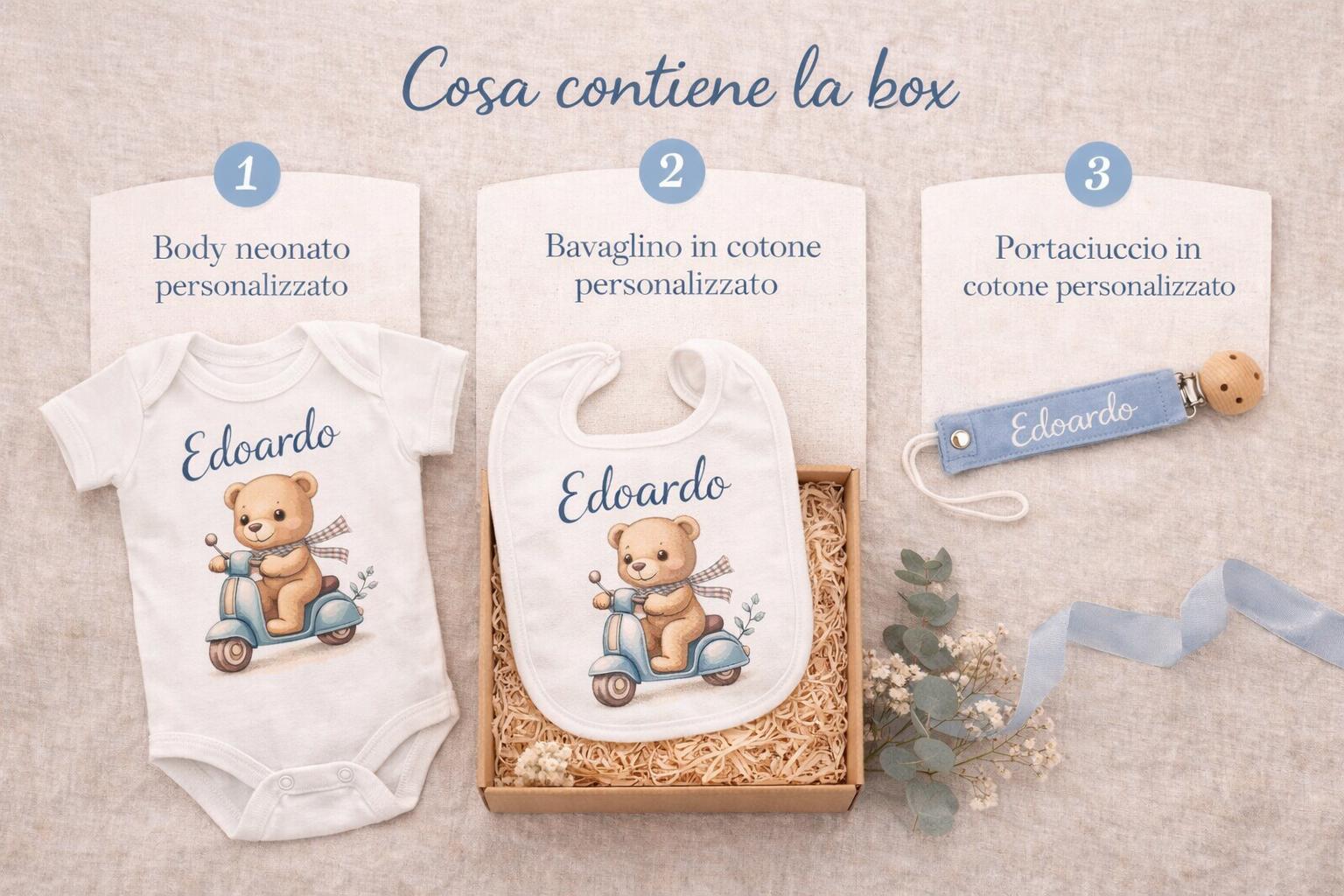 Set nascita personalizzato neonato – box regalo con body, bavaglino e portaciuccio