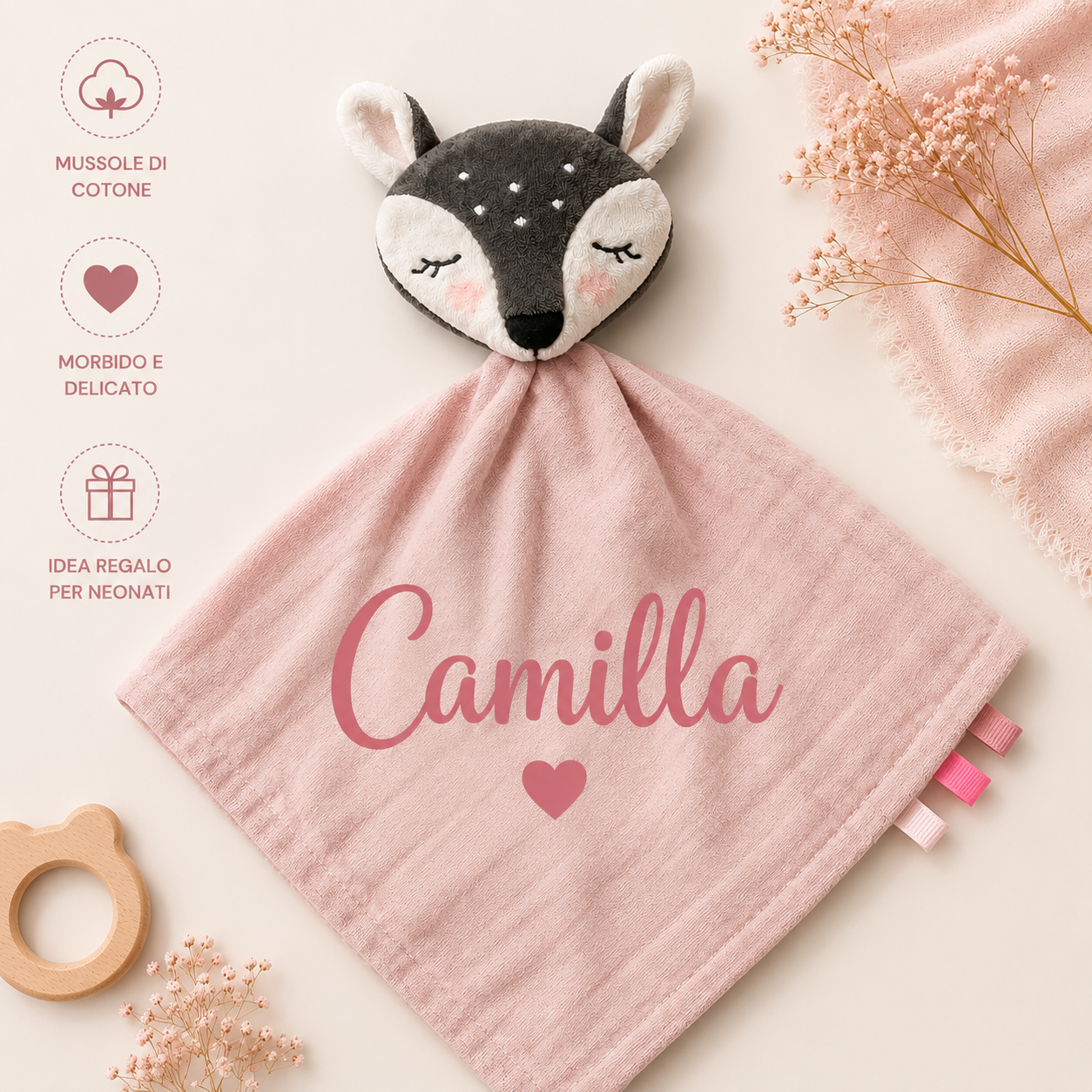 Doudou Personalizzato con Nome | Copertina Neonato in Mussola di Cotone | Idea Regalo Nascita Bimbo e Bimba - immagine 3