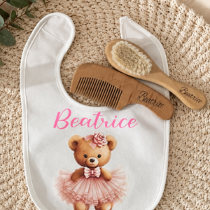 Set Nascita Personalizzato Bimbo- Bimba β Bavaglino con Nome e Set Spazzola Pettine in Legno β Idea Regalo Neonato
