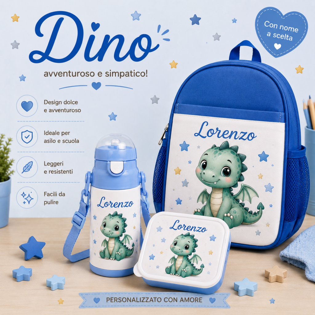 Kit Asilo Personalizzato – Zainetto + Borraccia termica 400 ml + Portapranzo
